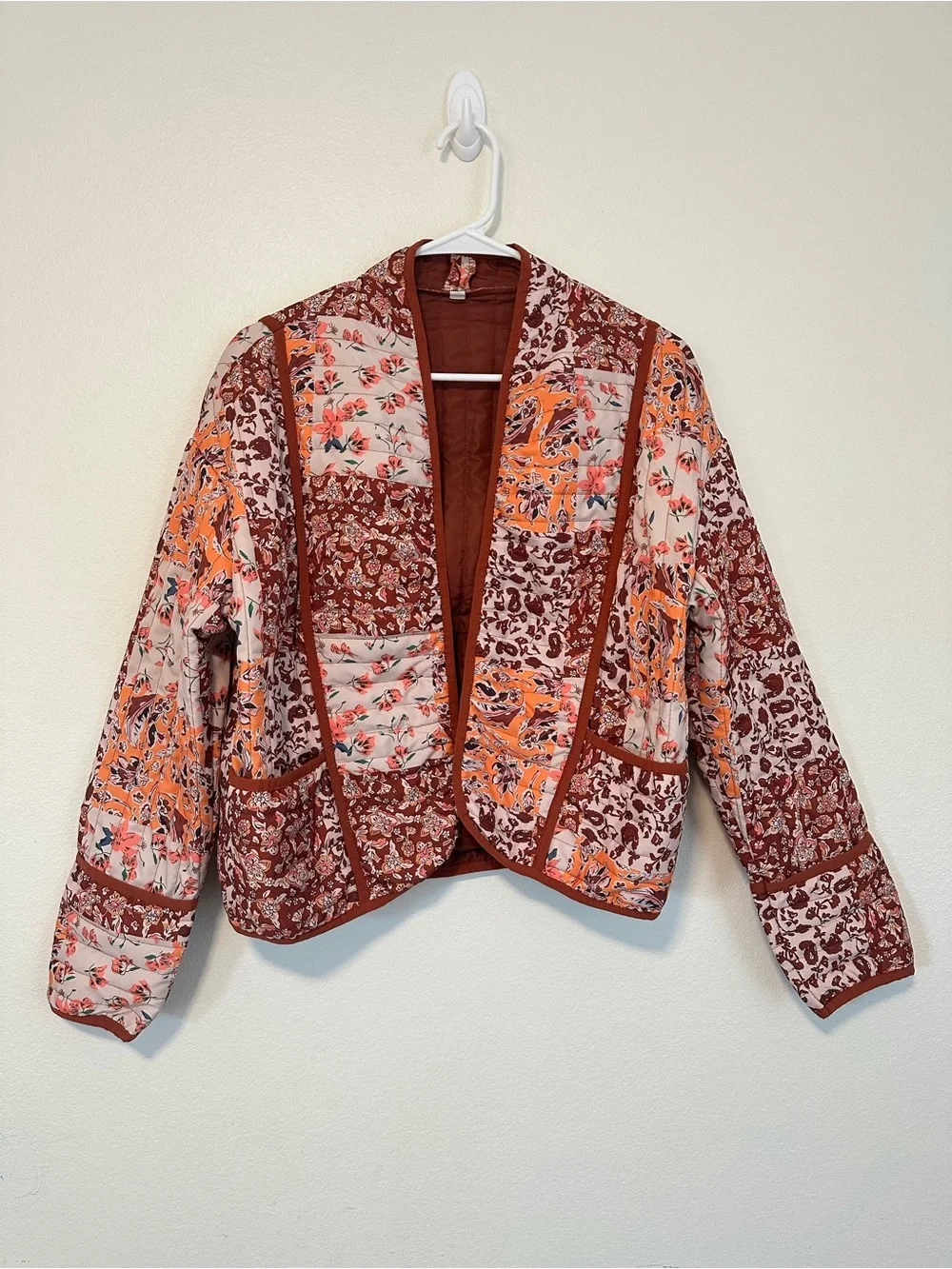 Boho Patchwork Quilted Open-Front Jacket in Rust Multi